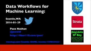 Data Workﬂows for
Machine Learning:	

 
Seattle,WA	

2014-01-29	

!

Paco Nathan 
@pacoid	

http://liber118.com/pxn/
meetup.com/Seattle-DAML/events/159043422/

 