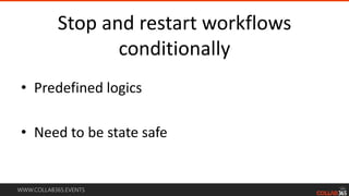 WWW.COLLAB365.EVENTS
Stop and restart workflows
conditionally
• Predefined logics
• Need to be state safe
 