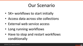 WWW.COLLAB365.EVENTS
Our Scenario
• 5K+ workflows to start initially
• Access data across site collections
• External web service access
• Long running workflows
• Have to stop and restart workflows
conditionally
 