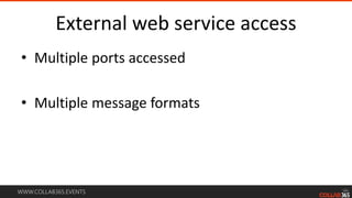 WWW.COLLAB365.EVENTS
External web service access
• Multiple ports accessed
• Multiple message formats
 