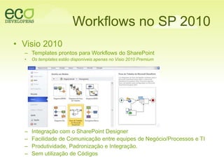 Workflows no SP 2010Visio 2010Templates prontospara Workflows do SharePointOs templates estãodisponíveisapenas no Visio 2010 PremiumIntegração com o SharePoint DesignerFacilidade de Comunicação entre equipes de Negócio/Processos e TIProdutividade, Padronização e Integração.Semutilização de Códigos