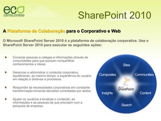 SharePoint 2010APlataforma de Colaboraçãopara o Corporativo e WebO Microsoft SharePoint Server 2010 é a plataforma de colaboração corporativa. Use o SharePoint Server 2010 para executar as seguintes ações:SitesCommunitiesCompositesConectar pessoas a colegas e informações através de comunidades para que possam compartilhar conhecimentos e ideias.Gerenciar e administrar o conteúdo corporativo, equilibrando, ao mesmo tempo, a experiência do usuário em relação a diretivas e processos.Responder às necessidades corporativas em constante transformação tomando decisões controladas por dados.Ajudar os usuários a localizar o conteúdo, as informações e as pessoas de que precisam com a pesquisa de empresa.ContentInsightsSearch