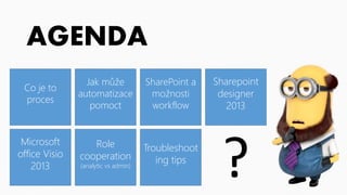 AGENDA
Co je to
proces
Jak může
automatizace
pomoct
SharePoint a
možnosti
workflow
Sharepoint
designer
2013
Microsoft
office Visio
2013
Role
cooperation
(analytic vs admin)
Troubleshoot
ing tips
?
 