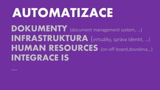 AUTOMATIZACE
DOKUMENTY (document management system, …)
INFRASTRUKTURA (virtuálky, správa identit, …)
HUMAN RESOURCES (on-off-board,dovolena,..)
INTEGRACE IS
…
 