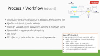 Process / Workflow {obecně}
• Definovaný sled činností vedoucí k dosažení definovaného cíle
• Využívá zdroje – lidí, peněz, techniky…
• Iniciován událostí, končí dosažením jednoho z možných stavů
• Zpracovává vstupy a produkuje výstupy
• Lze měřit
• Má nějakou prioritu vzhledem k ostatním procesům
Lze měřit (metriky)
údaje významné pro řízení, statistické veličiny:
 doba průběhu každé činnosti (a pak tedy i
celého procesu)
 doba čekání vstupu na zpracování
 počet vstupů/výstupů za určité období
 množství zdrojů zapojených do zpracovaní
 vytížení zdrojů během období
 ….
 