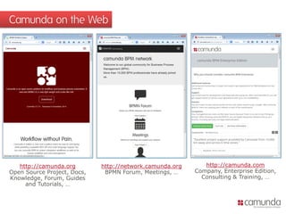 Camunda on the Web
http://camunda.org
Open Source Project, Docs,
Knowledge, Forum, Guides
and Tutorials, …
http://network.camunda.org
BPMN Forum, Meetings, …
http://camunda.com
Company, Enterprise Edition,
Consulting & Training, …
 