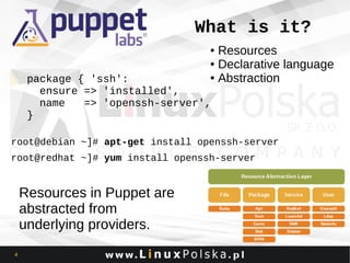 What is it?
Resources
● Declarative language
● Abstraction
●

package { 'ssh':
ensure => 'installed',
name
=> 'openssh-server',
}

root@debian ~]# apt-get install openssh-server
root@redhat ~]# yum install openssh-server

Resources in Puppet are
abstracted from
underlying providers.
4

 