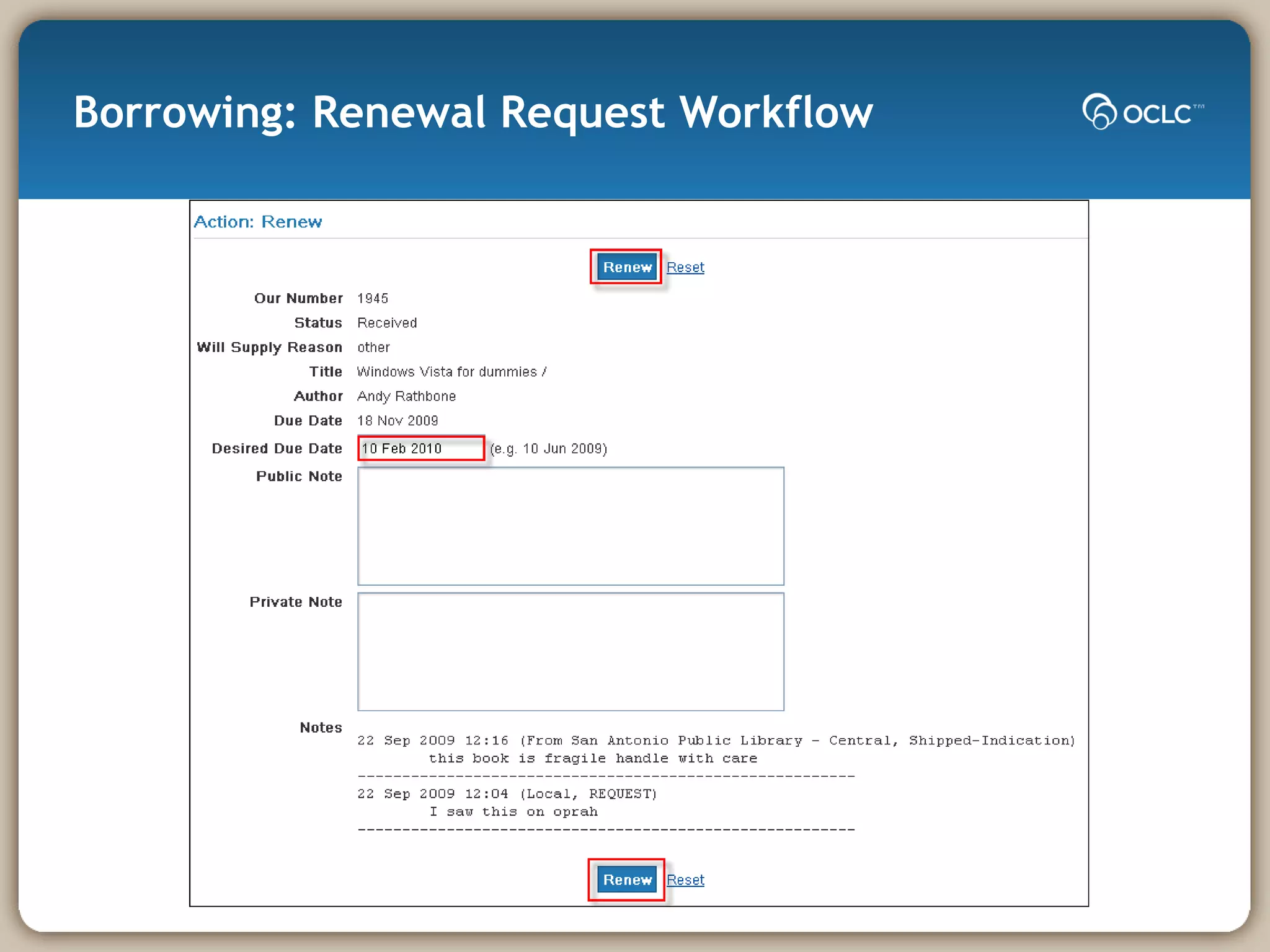 Borrowing: Renewal Request Workflow 