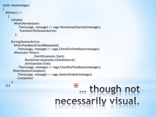 static SessionSaga(){   Define(() =>      {         Initially(            When(NewSession)                .Then((saga, message) => saga.NewSessionStarted(message))                 .TransitionTo(SessionActive)             );         During(SessionActive,            When(FeedbackCheckRequested)               .Then((saga, message) => saga.CheckForFeedback(message))            When(new Timer()				                                       .StartOn(session.Start)	      .RunAtInterval(session.CheckInterval)	      .Until(session.End))                .Then((saga, message) => saga.CheckForFeedback(message))           When(SessionComplete)               .Then((saga, message) => saga.SessionEnded(message))               .Complete()         );   });}… though not necessarily visual.