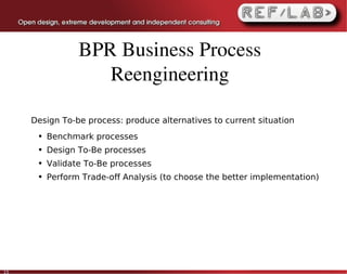 BPR Business Process 
                    Reengineering

     Design To-be process: produce alternatives to current situation
      ●   Benchmark processes
      ●   Design To-Be processes
      ●   Validate To-Be processes
      ●   Perform Trade-off Analysis (to choose the better implementation)




15
 