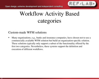 Workflow Activity Based
                        categories
     Custom­made WFM solutions
     ●   Many organizations, e.g., banks and insurance companies, have chosen not to use a 
         commercially available WFM solution but build an organization­speciﬁc solution. 
         These solutions typically only support a subset of the functionality offered by the 
         ﬁrst two categories. Nevertheless, these systems support the deﬁnition and 
         execution of different workﬂows.




27
 
