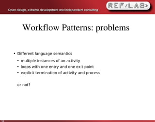 Workflow Patterns: problems

     ●   Different language semantics
         ●   multiple instances of an activity
         ●   loops with one entry and one exit point
         ●   explicit termination of activity and process


         or not?




58
 