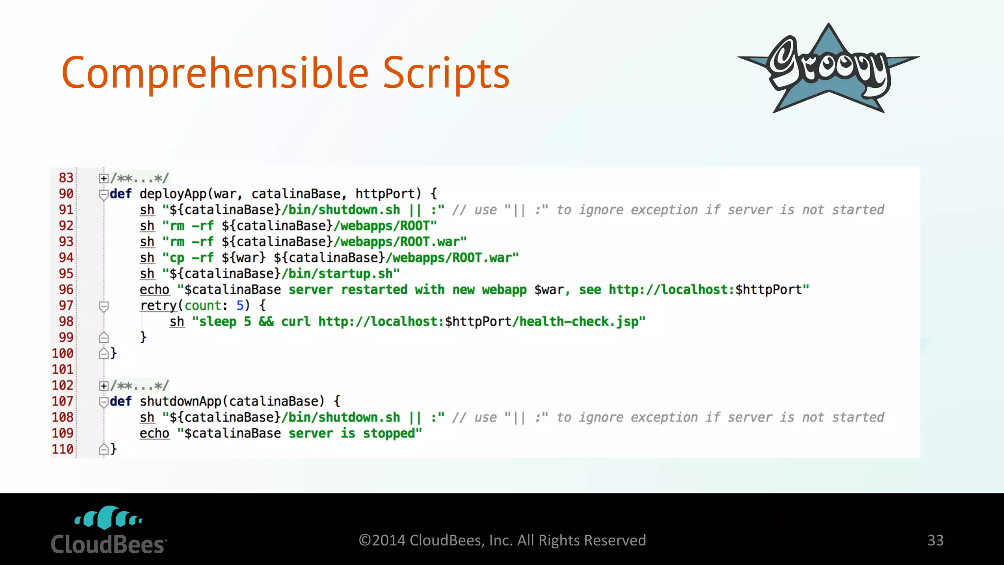 Comprehensible Scripts 
©2014 
CloudBees, 
Inc. 
All 
Rights 
Reserved 
33 
 