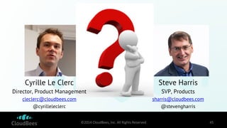 Cyrille Le Clerc 
Director, Product Management 
cleclerc@cloudbees.com 
@cyrilleleclerc 
Steve Harris 
SVP, Products 
shar...