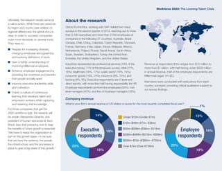 Ultimately, the research results serve as
a call to action. While there are variances
by region and country (see sidebar on
regional differences), the global story is
clear. In order to succeed, companies
must move decisively on several fronts.
They need to:
■■ Prepare for increasing diversity,
changing employee demographics,
and evolving definitions of work.
■■ Gain a better understanding of
incoming Millennial employees.
■■ Enhance employee engagement by
providing the incentives and benefits
that people actually want.
■■ Improve executive leadership skills
and cultivation.
■■ Foster a culture of continuous
learning that develops talent and
empowers workers while capturing
and retaining vital knowledge.
For those companies that get the
2020 workforce right, the rewards will
be ample. Alessandra Ginante, vice
president of human resources at Avon
Brazil, says that preparing now to reap
the benefits of future growth is essential:
“We have to ready the organization to
surf on this growth wave—to be sure
that we have the systems, the people,
the infrastructure, and the processes in
place to grab a big share of this growth.”
About the research
Oxford Economics, working with SAP, fielded two major
surveys in the second quarter of 2014, reaching out to more
than 2,700 executives and more than 2,700 employees at
companies in the following 27 countries: Australia, Brazil,
Canada, Chile, China, Colombia, Czech Republic, Denmark,
France, Germany, India, Japan, Kenya, Malaysia, Mexico,
Netherlands, Poland, Russia, Saudi Arabia, South Africa,
Spain, Sweden, Switzerland, Turkey, the United Arab
Emirates, the United Kingdom, and the United States.
Industries represented are professional services (18% of the
executive survey, 17% of the employee survey); retail (17%,
18%); healthcare (16%, 17%); public sector (16%, 15%);
consumer goods (15%, 14%); insurance (9%, 10%); and
banking (8%, 9%). Executive respondents are C-level and
direct reports, with more than half having responsibility for HR.
Employee respondents are front-line employees (39%), mid-
level managers (42%), and line-of-business managers (18%).
Revenue at respondent firms ranges from $10 million to
more than $1 billion, with half having under $500 million
in annual revenue. Half of the employee respondents are
Millennials (ages 18–35.)
Interviews were conducted with executives from each
country surveyed, providing critical qualitative support to
our survey findings.
Company revenue
What is your firm’s annual revenue in US dollars or euros for the most recently completed fiscal year?
Executive
respondents
14%
18%
19%
23%
26%
1%
Employee
respondents
13%
25%
23%
19%
19%
Under $10m (Under €7m)
$10m–$49m (€7m– €35m)
$50m–$299m (€36m– €215m)
$300m–$499m (€216m– €359m)
$500m–$1bn (€360m– €720m)
Over $1bn (Over €720m)
Workforce 2020: The Looming Talent Crisis
 