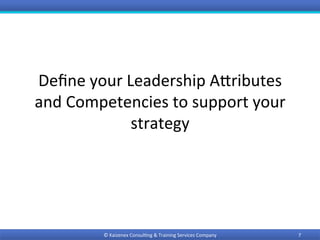 Deﬁne	your	Leadership	AMributes	
and	Competencies	to	support	your	
strategy	
©	Kaizenex	Consul0ng	&	Training	Services	Company	 7	
 