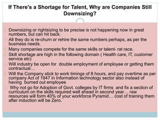 If There’s a Shortage for Talent, Why are Companies Still 
Downsizing? 
Downsizing or rightsizing to be precise is not happening now in great 
numbers, but can hit back. 
All they do is re-churn or rehire the same numbers perhaps, as per the 
business needs. 
Many companies compete for the same skills or talent- rat race. 
Skill shortage are high in the following domain ( Health care, IT, customer 
service etc) 
Will industry be open for double employment of employee or getting them 
contractual… 
Will the Company stick to work timings of 8 hours, and pay overtime as per 
company Act of 1947 in Information technology sector also instead of 
having burned out employee 
Why not go for Adoption of Govt. colleges by IT firms and fix a section of 
curriculum on the skills required well ahead in second year… raw 
resources will form 40% of your workforce Pyramid… cost of training them 
after induction will be Zero. 
 