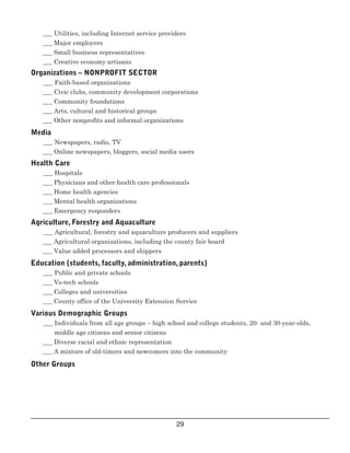    
   
   
   
      
   
   
   
   
      
   
      
   
   
   
   
      
   
   
      
   
   
   
      
 
   
   
 ___ Utilities, including Internet service providers

 ___ Major employers 

___ Small business representatives

 ___ Creative economy artisans

Organizations – NONPROFIT SECTOR
___ Faith­based organizations

 ___ Civic clubs, community development corporations

 ___ Community foundations

 ___ Arts, cultural and historical groups

 ___ Other nonprofits and informal organizations

Media
___ Newspapers, radio, TV

 ___ Online newspapers, bloggers, social media users

Health Care
___ Hospitals

 ___ Physicians and other health care professionals

 ___ Home health agencies

 ___ Mental health organizations

 ___ Emergency responders

Agriculture, Forestry and Aquaculture
___ Agricultural, forestry and aquaculture producers and suppliers 

___ Agricultural organizations, including the county fair board

 ___ Value added processors and shippers

Education (students, faculty, administration, parents)
___ Public and private schools

 ___ Vo­tech schools

 ___ Colleges and universities

 ___ County office of the University Extension Service

Various Demographic Groups
___ Individuals from all age groups – high school and college students, 20­ and 30­year­olds,
middle age citizens and senior citizens

 ___ Diverse racial and ethnic representation

 ___ A mixture of old­timers and newcomers into the community

Other Groups
29

 