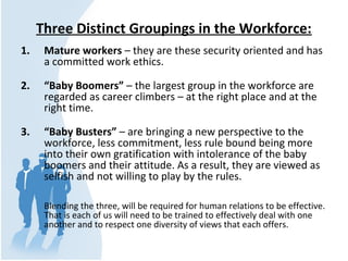 Three Distinct Groupings in the Workforce:
1. Mature workers – they are these security oriented and has
a committed work e...