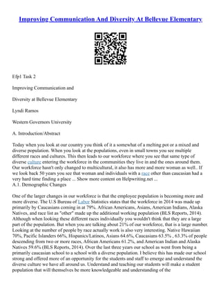 Improving Communication And Diversity At Bellevue Elementary
Efp1 Task 2
Improving Communication and
Diversity at Bellevue Elementary
Lyndi Ramos
Western Governors University
A. Introduction/Abstract
Today when you look at our country you think of it a somewhat of a melting pot or a mixed and
diverse population. When you look at the populations, even in small towns you see multiple
different races and cultures. This then leads to our workforce where you see that same type of
diverse culture entering the workforce in the communities they live in and the ones around them.
Our workforce hasn't only changed to multicultural, it also has more and more woman as well.. If
we look back 50 years you see that woman and individuals with a race other than caucasian had a
very hard time finding a place ... Show more content on Helpwriting.net ...
A.1. Demographic Changes
One of the larger changes in our workforce is that the employee population is becoming more and
more diverse. The U.S Bureau of Labor Statistics states that the workforce in 2014 was made up
primarily by Caucasians coming in at 79%. African Americans, Asians, American Indians, Alaska
Natives, and race list as "other" made up the additional working population (BLS Reports, 2014).
Although when looking these different races individually you wouldn't think that they are a large
part of the population. But when you are talking about 21% of our workforce, that is a large number.
Looking at the number of people by race actually work is also very interesting. Native Hawaiian
70%, Pacific Islanders 66%, Hispanics/Latinos, Asians 64.6%, Caucasians 63.5% , 63.3% of people
descending from two or more races, African Americans 61.2%, and American Indian and Alaska
Natives 59.6% (BLS Reports, 2014). Over the last three years our school as went from being a
primarily caucasian school to a school with a diverse population. I believe this has made our school
strong and offered more of an opportunity for the students and staff to emerge and understand the
diverse culture we have all around us. Understand and teaching our students will make a student
population that will themselves be more knowledgeable and understanding of the
 