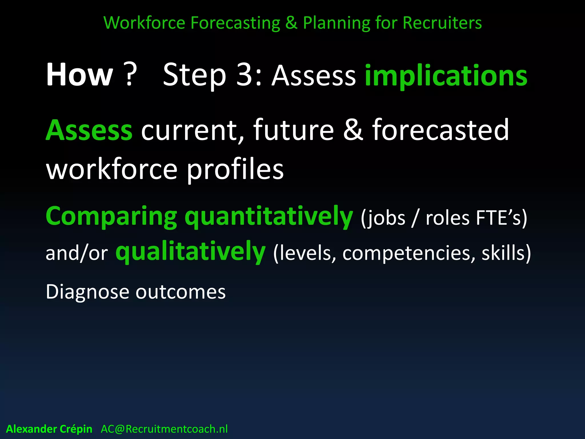 WFP = Continuous, up-to-date insight
Workforce Intelligence (culture)
• understanding workforce dynamics
• real time insight
• rolling forecast
Moving from transactional, short term driven operations, to data driven, pro-
active, more strategic execution of HR & Business strategy
Workforce Forecasting & Planning for Recruiters
Alexander Crépin AC@Recruitmentcoach.nl
 