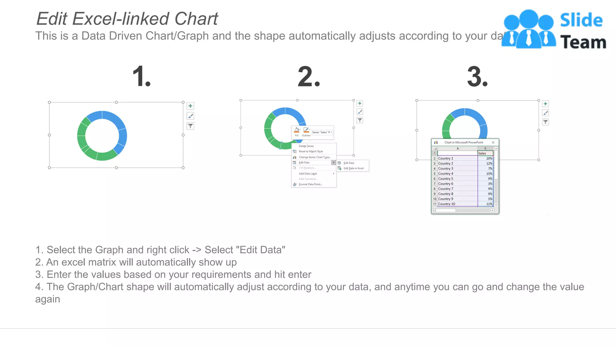 1. Select the Graph and right click -> Select "Edit Data"
2. An excel matrix will automatically show up
3. Enter the values based on your requirements and hit enter
4. The Graph/Chart shape will automatically adjust according to your data, and anytime you can go and change the value
again
Edit Excel-linked Chart
This is a Data Driven Chart/Graph and the shape automatically adjusts according to your data
1 2 3