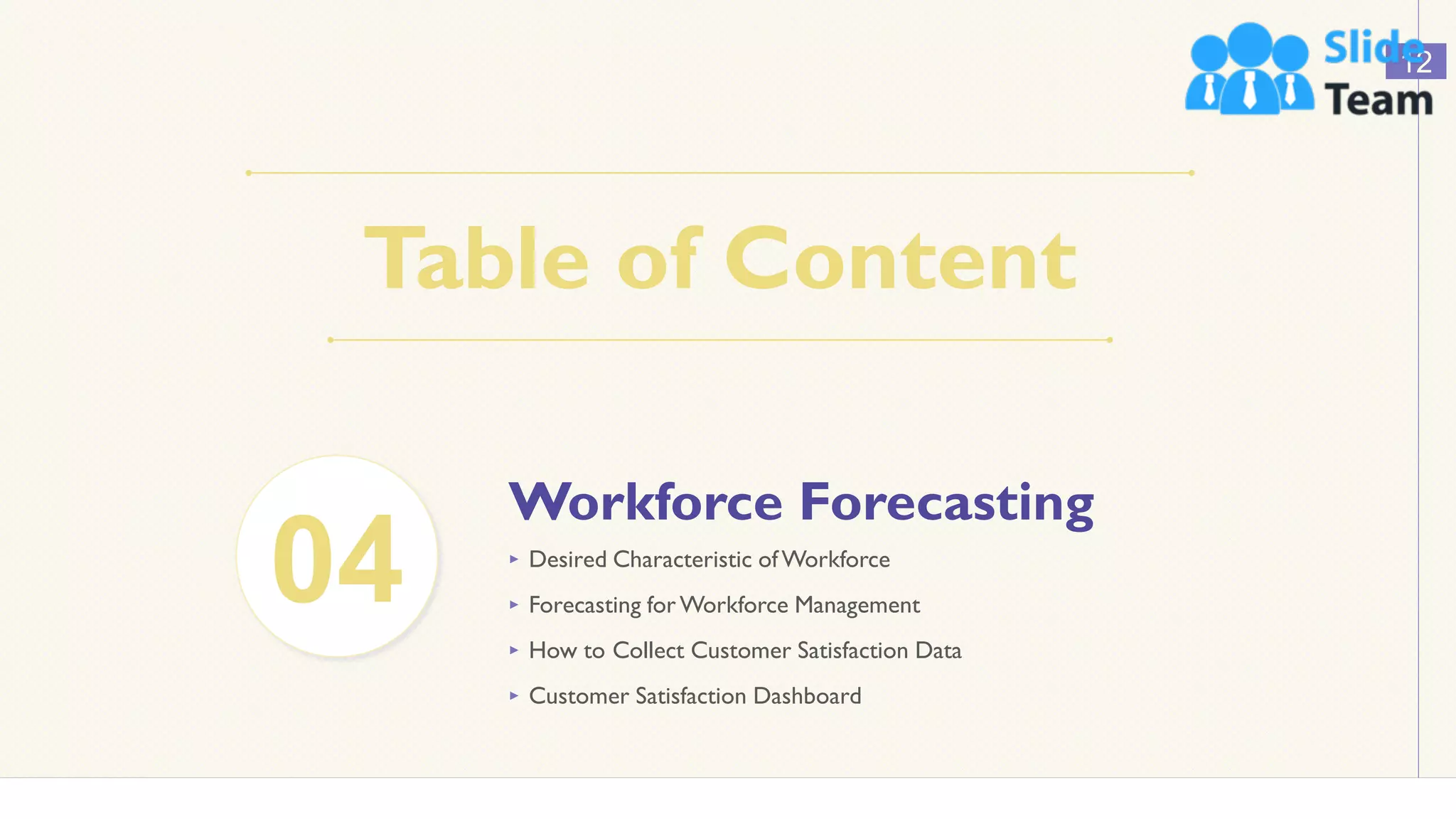 Table of Content
12
04
Workforce Forecasting
‣ Desired Characteristic of Workforce
‣ Forecasting for Workforce Management
‣ How to Collect Customer Satisfaction Data
‣ Customer Satisfaction Dashboard
 