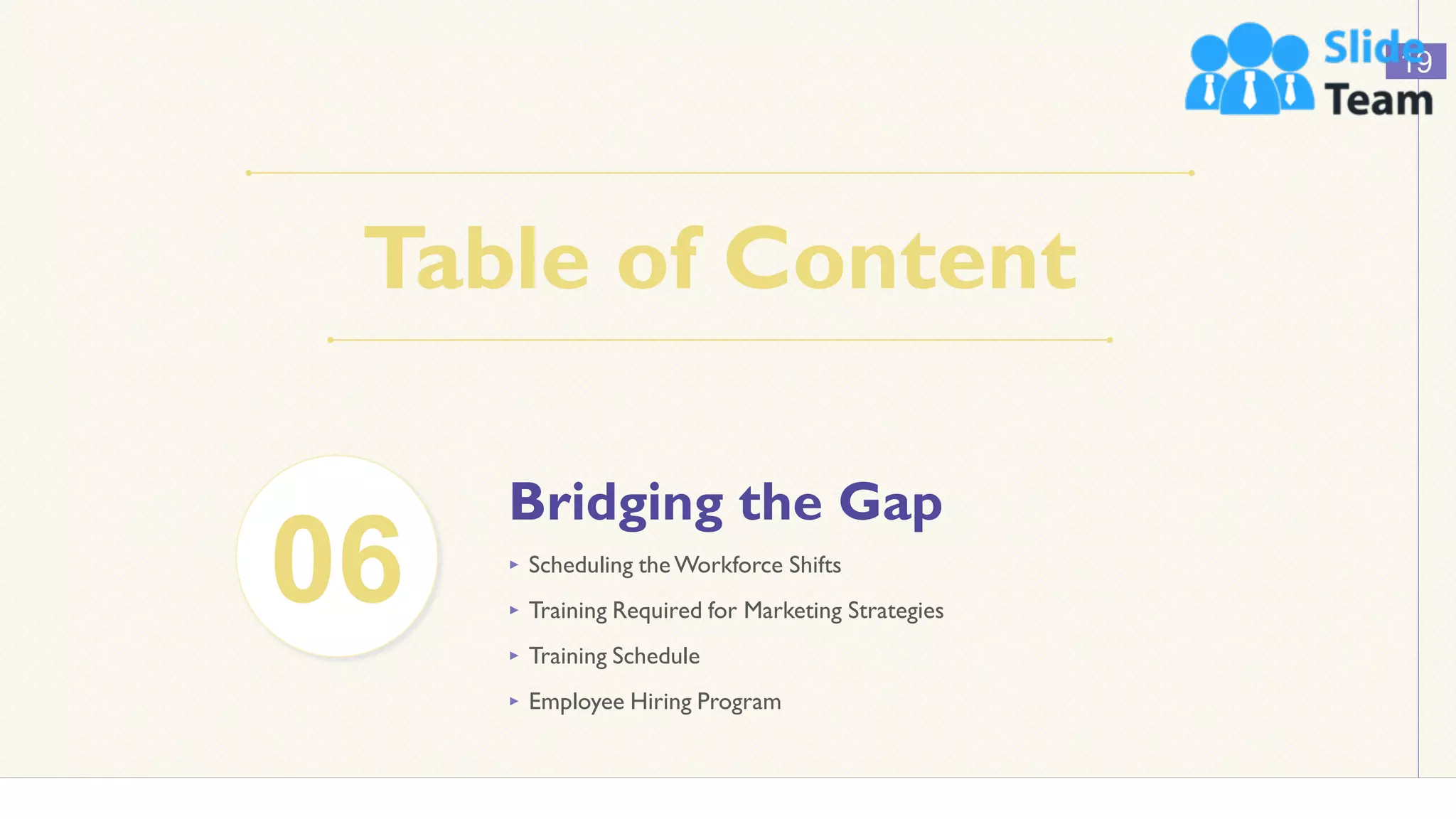 Table of Content
19
06
Bridging the Gap
‣ Scheduling theWorkforce Shifts
‣ Training Required for Marketing Strategies
‣ Training Schedule
‣ Employee Hiring Program
 