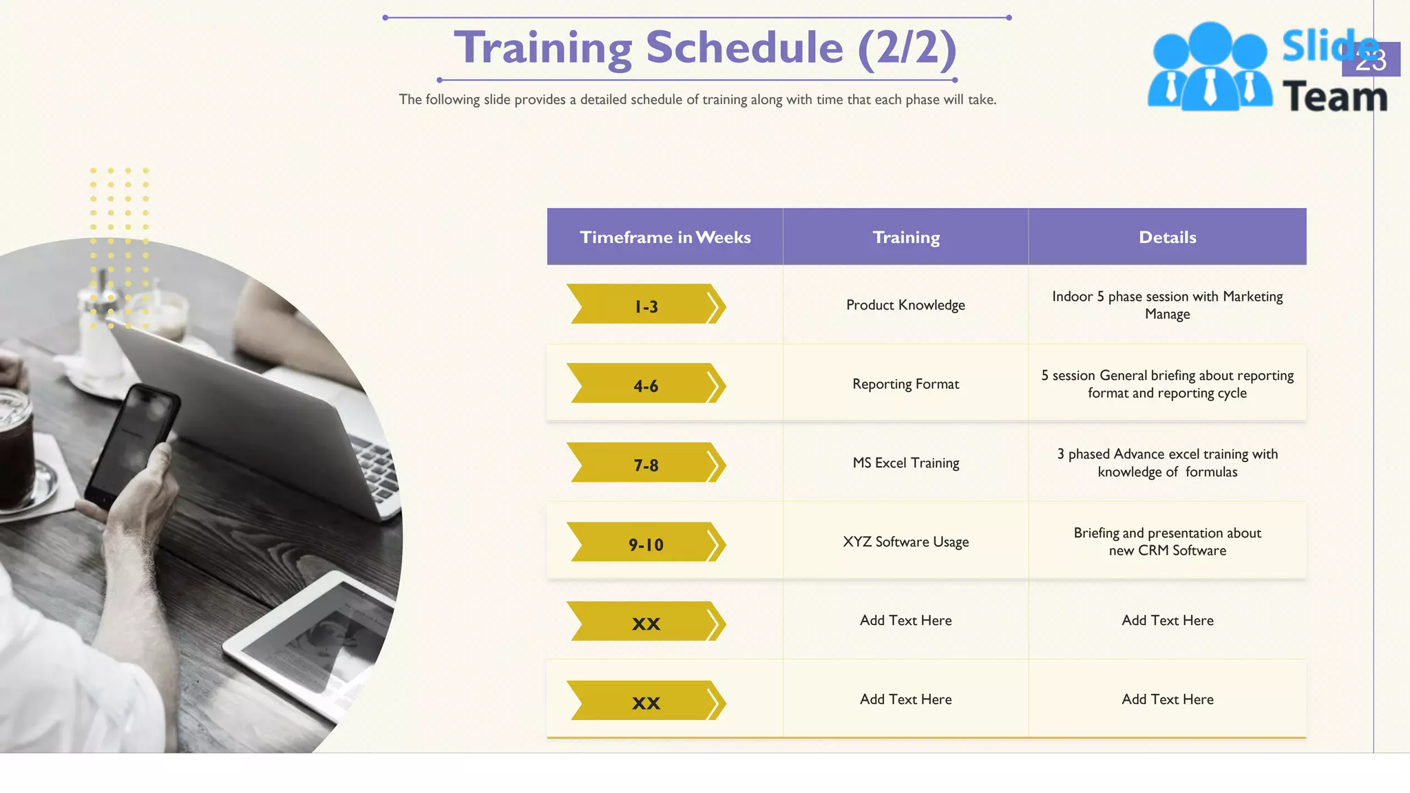 Training Schedule (2/2) 23
The following slide provides a detailed schedule of training along with time that each phase will take.
Timeframe inWeeks Training Details
Product Knowledge
Indoor 5 phase session with Marketing
Manage
Reporting Format
5 session General briefing about reporting
format and reporting cycle
MS Excel Training
3 phased Advance excel training with
knowledge of formulas
XYZ Software Usage
Briefing and presentation about
new CRM Software
Add Text Here Add Text Here
Add Text Here Add Text Here
1-3
4-6
7-8
9-10
XX
XX
This slide is 100% editable. Adapt it to your needs and capture your audience's attention.
 
