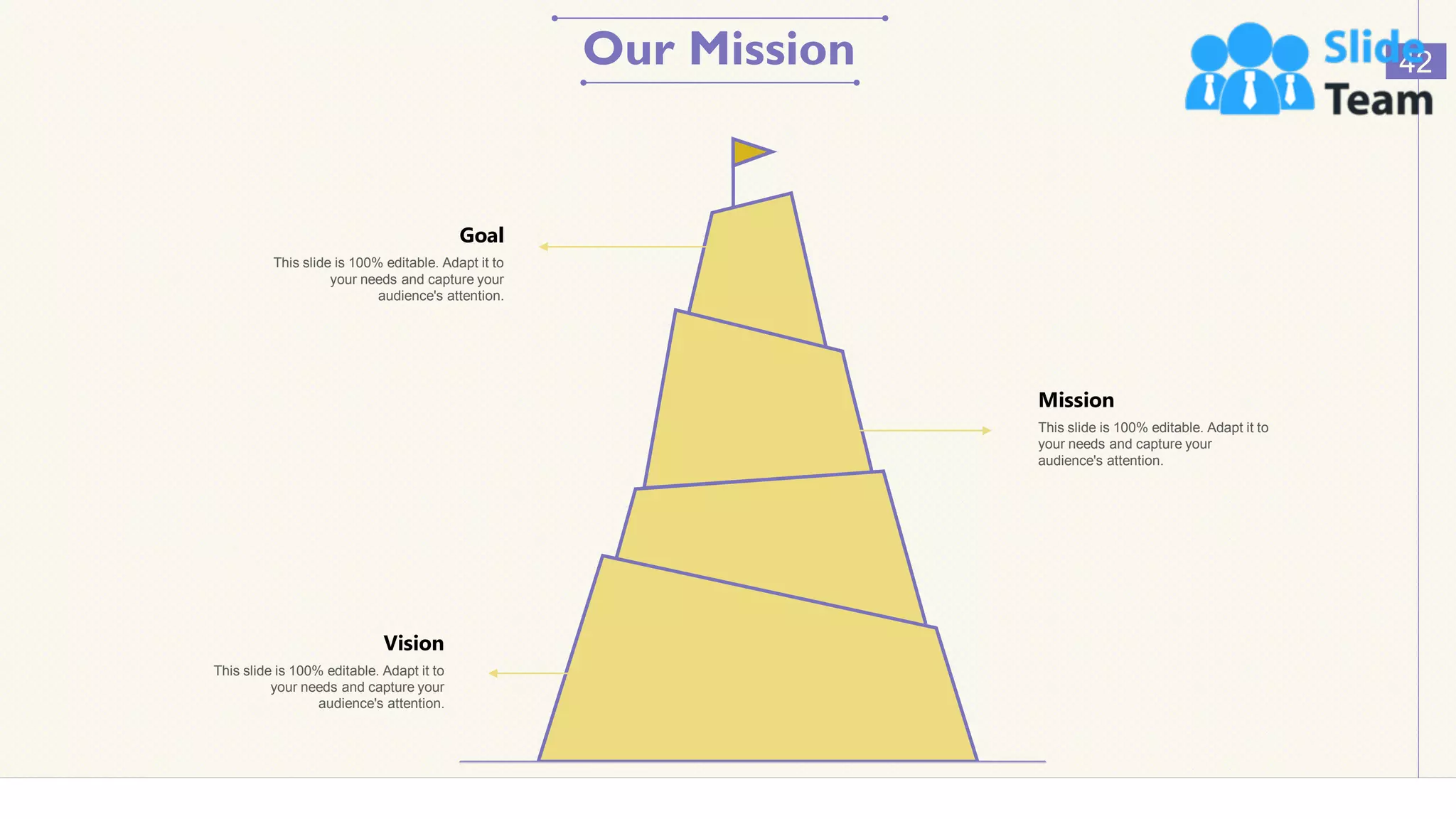 Our Mission 42
Vision
This slide is 100% editable. Adapt it to
your needs and capture your
audience's attention.
Goal
This slide is 100% editable. Adapt it to
your needs and capture your
audience's attention.
Mission
This slide is 100% editable. Adapt it to
your needs and capture your
audience's attention.
 