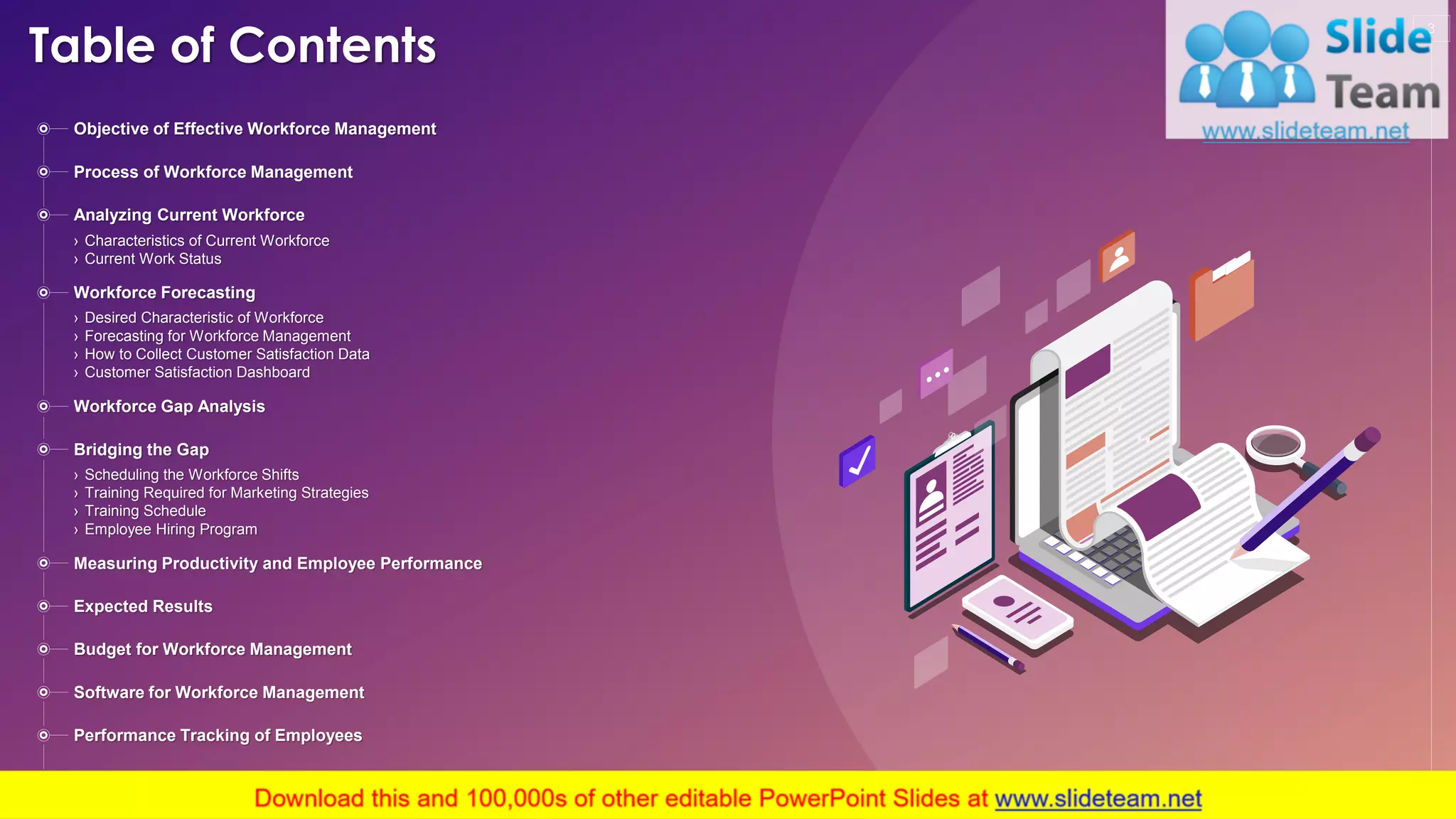 Table of Contents
3
Objective of Effective Workforce Management
Process of Workforce Management
Analyzing Current Workforce
› Characteristics of Current Workforce
› Current Work Status
Workforce Forecasting
› Desired Characteristic of Workforce
› Forecasting for Workforce Management
› How to Collect Customer Satisfaction Data
› Customer Satisfaction Dashboard
Workforce Gap Analysis
Bridging the Gap
› Scheduling the Workforce Shifts
› Training Required for Marketing Strategies
› Training Schedule
› Employee Hiring Program
Measuring Productivity and Employee Performance
Expected Results
Budget for Workforce Management
Software for Workforce Management
Performance Tracking of Employees
Per Employee Productivity Dashboard
This slide is 100% editable. Adapt it to your needs and capture your audience's attention.
 