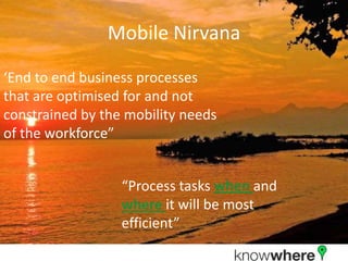 Mobile Nirvana‘End to end business processes that are optimised for and not constrained by the mobility needs of the workforce”“Process tasks when and where it will be most efficient”