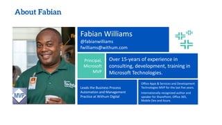 About Fabian
Fabian Williams
@fabianwilliams
fwilliams@withum.com
Principal,
Microsoft
MVP
Over 15-years of experience in
consulting, development, training in
Microsoft Technologies.
Leads the Business Process
Automation and Management
Practice at Withum Digital
Office Apps & Services and Development
Technologies MVP for the last five years.
Internationally recognized author and
speaker for SharePoint, Office 365,
Mobile Dev and Azure.
 