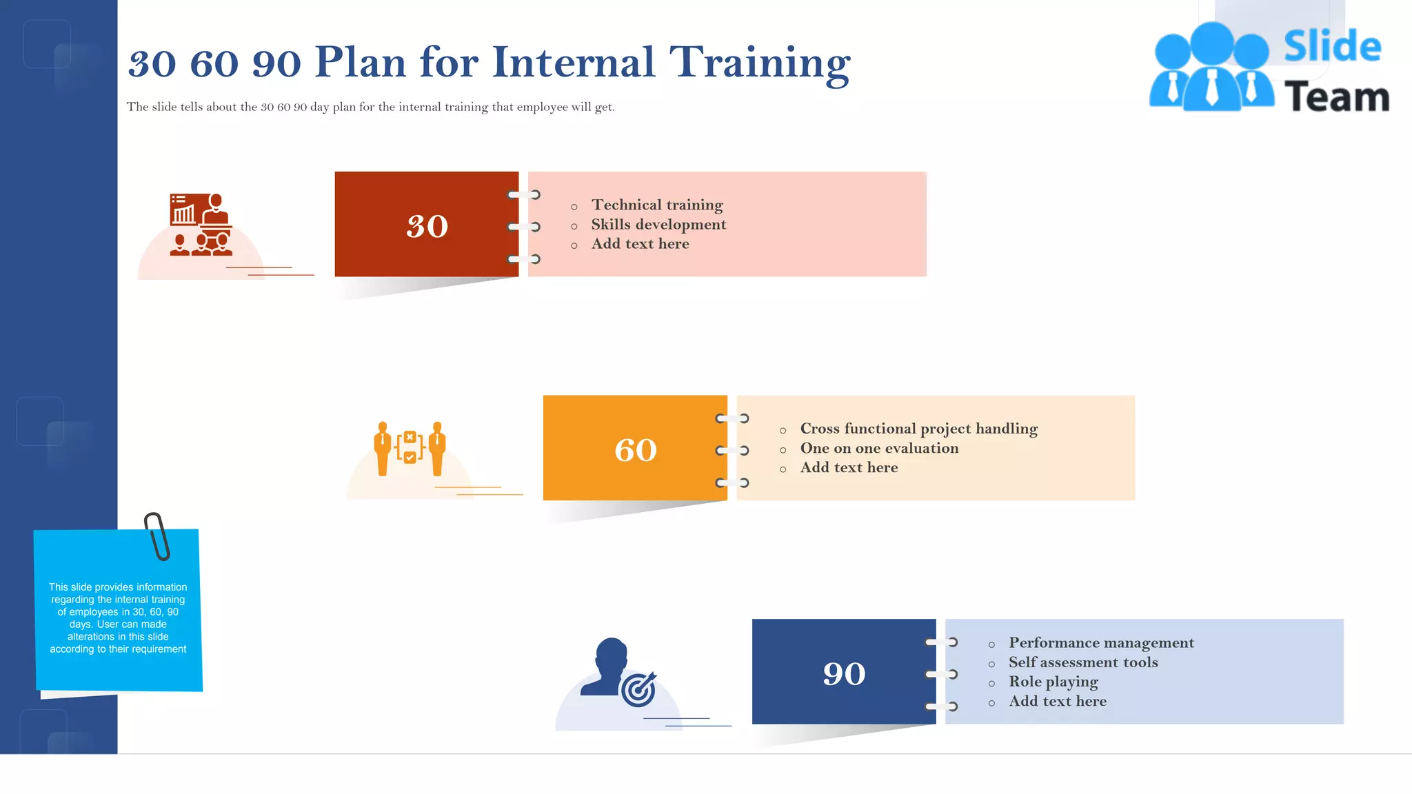 30 60 90 Plan for Internal Training
o Technical training
o Skills development
o Add text here
30
o Cross functional project handling
o One on one evaluation
o Add text here
60
o Performance management
o Self assessment tools
o Role playing
o Add text here
90
The slide tells about the 30 60 90 day plan for the internal training that employee will get.
This slide provides information
regarding the internal training
of employees in 30, 60, 90
days. User can made
alterations in this slide
according to their requirement
26
This slide is 100% editable. Adapt it to your needs and capture your audience's attention.
 