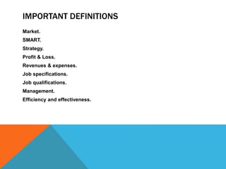 IMPORTANT DEFINITIONS
Market.
SMART.
Strategy.
Profit & Loss.
Revenues & expenses.
Job specifications.
Job qualifications.
Management.
Efficiency and effectiveness.