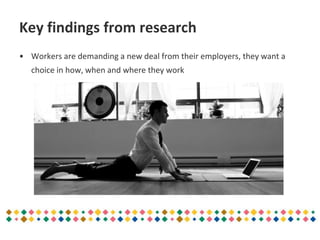 Key findings from research
• Workers are demanding a new deal from their employers, they want a
choice in how, when and where they work
 