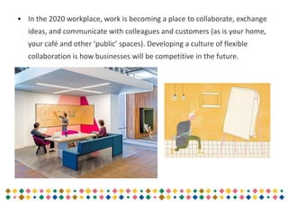 • In the 2020 workplace, work is becoming a place to collaborate, exchange
ideas, and communicate with colleagues and customers (as is your home,
your café and other ‘public’ spaces). Developing a culture of flexible
collaboration is how businesses will be competitive in the future.
 