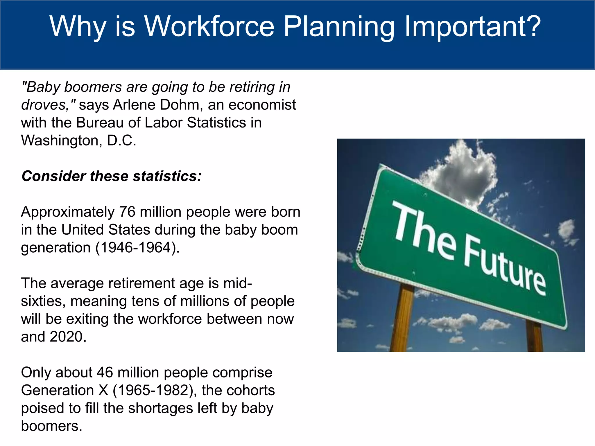 Why is Workforce Planning Important?"Baby boomers are going to be retiring in droves," says Arlene Dohm, an economist with the Bureau of Labor Statistics in Washington, D.C.Consider these statistics:Approximately 76 million people were born in the United States during the baby boom generation (1946-1964). The average retirement age is mid-sixties, meaning tens of millions of people will be exiting the workforce between now and 2020. Only about 46 million people comprise Generation X (1965-1982), the cohorts poised to fill the shortages left by baby boomers. 