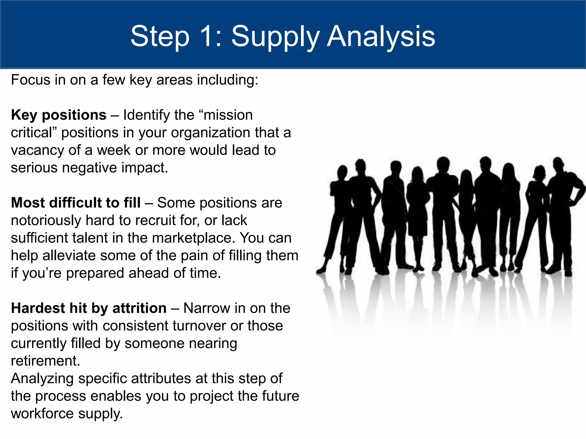 Step 1: Supply AnalysisFocus in on a few key areas including:Key positions – Identify the “mission critical” positions in your organization that a vacancy of a week or more would lead to serious negative impact. Most difficult to fill – Some positions are notoriously hard to recruit for, or lack sufficient talent in the marketplace. You can help alleviate some of the pain of filling them if you’re prepared ahead of time.Hardest hit by attrition – Narrow in on the positions with consistent turnover or those currently filled by someone nearing retirement. Analyzing specific attributes at this step of the process enables you to project the future workforce supply.