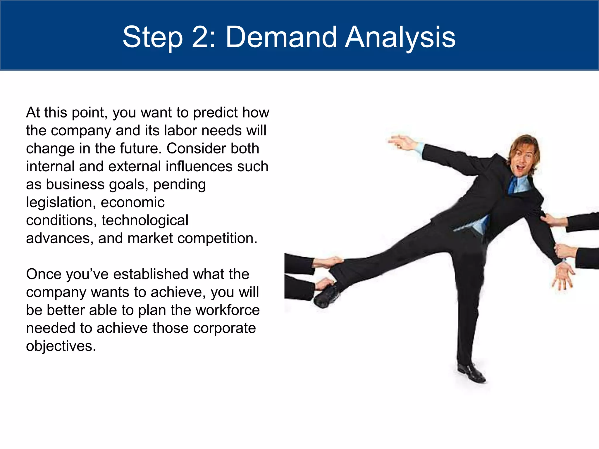 Step 2: Demand AnalysisAt this point, you want to predict how the company and its labor needs will change in the future. Consider both internal and external influences such as business goals, pending legislation, economic conditions, technological advances, and market competition.Once you’ve established what the company wants to achieve, you will be better able to plan the workforce needed to achieve those corporate objectives.