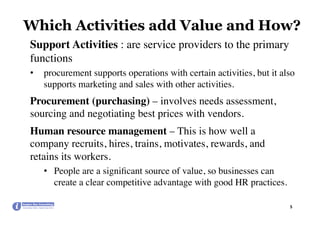 Support Activities : are service providers to the primary
functions
•  procurement supports operations with certain activities, but it also
supports marketing and sales with other activities.
Procurement (purchasing) – involves needs assessment,
sourcing and negotiating best prices with vendors.
Human resource management – This is how well a
company recruits, hires, trains, motivates, rewards, and
retains its workers.
•  People are a signiﬁcant source of value, so businesses can
create a clear competitive advantage with good HR practices.
5	
Which Activities add Value and How?
 