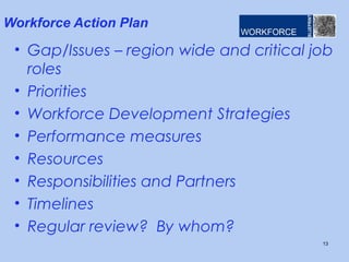 Workforce Action Plan
• Gap/Issues – region wide and critical job
roles
• Priorities
• Workforce Development Strategies
• Performance measures
• Resources
• Responsibilities and Partners
• Timelines
• Regular review? By whom?
13
 