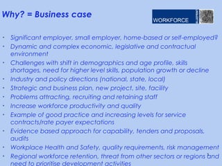 • Significant employer, small employer, home-based or self-employed?
• Dynamic and complex economic, legislative and contractual
environment
• Challenges with shift in demographics and age profile, skills
shortages, need for higher level skills, population growth or decline
• Industry and policy directions (national, state, local)
• Strategic and business plan, new project, site, facility
• Problems attracting, recruiting and retaining staff
• Increase workforce productivity and quality
• Example of good practice and increasing levels for service
contracts/rate payer expectations
• Evidence based approach for capability, tenders and proposals,
audits
• Workplace Health and Safety, quality requirements, risk management
• Regional workforce retention, threat from other sectors or regions and
need to prioritise development activities
3
Why? = Business case
 