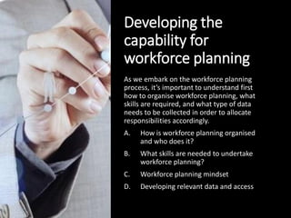 Developing the
capability for
workforce planning
As we embark on the workforce planning
process, it’s important to understand first
how to organise workforce planning, what
skills are required, and what type of data
needs to be collected in order to allocate
responsibilities accordingly.
A. How is workforce planning organised
and who does it?
B. What skills are needed to undertake
workforce planning?
C. Workforce planning mindset
D. Developing relevant data and access
 