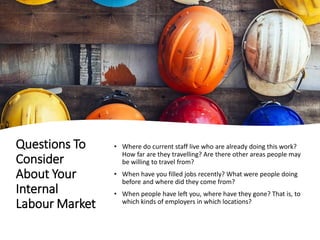 Questions To
Consider
About Your
Internal
Labour Market
• Where do current staff live who are already doing this work?
How far are they travelling? Are there other areas people may
be willing to travel from?
• When have you filled jobs recently? What were people doing
before and where did they come from?
• When people have left you, where have they gone? That is, to
which kinds of employers in which locations?
 