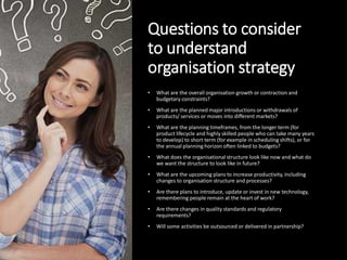Questions to consider
to understand
organisation strategy
• What are the overall organisation growth or contraction and
budgetary constraints?
• What are the planned major introductions or withdrawals of
products/ services or moves into different markets?
• What are the planning timeframes, from the longer term (for
product lifecycle and highly skilled people who can take many years
to develop) to short term (for example in scheduling shifts), or for
the annual planning horizon often linked to budgets?
• What does the organisational structure look like now and what do
we want the structure to look like in future?
• What are the upcoming plans to increase productivity, including
changes to organisation structure and processes?
• Are there plans to introduce, update or invest in new technology,
remembering people remain at the heart of work?
• Are there changes in quality standards and regulatory
requirements?
• Will some activities be outsourced or delivered in partnership?
 
