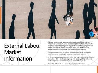 External Labour
Market
Information
• Data on geographical, sectoral and occupational labour markets
relevant to where start come from or might come from in future, for
instance, size and demography of potential workforce, employment
levels, educational qualifications and flows into work from the
education system, attitudinal data on sectors/occupation
• Consider competitors for labour: do they other better terms and
conditions than you; do you actually lose people to them?
• Is the available population from which you might recruit changing, for
example, is it in a professional group that is facing a high volume of
technological change nationally over the next few years?
• Data should be collected for each geographical location
 