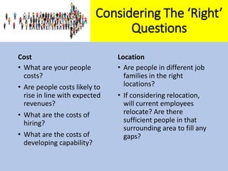 Cost
• What are your people
costs?
• Are people costs likely to
rise in line with expected
revenues?
• What are the costs of
hiring?
• What are the costs of
developing capability?
Location
• Are people in different job
families in the right
locations?
• If considering relocation,
will current employees
relocate? Are there
sufficient people in that
surrounding area to fill any
gaps?
Considering The ‘Right’
Questions
 