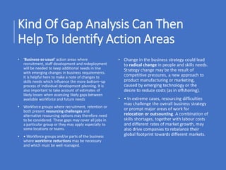 Kind Of Gap Analysis Can Then
Help To Identify Action Areas
• ‘Business-as-usual’ action areas where
recruitment, staff development and redeployment
will be needed to keep additional needs in line
with emerging changes in business requirements.
It is helpful here to make a note of changes to
skills needs which influence the more bottom–up
process of individual development planning. It is
also important to take account of estimates of
likely losses when assessing likely gaps between
available workforce and future needs
• Workforce groups where recruitment, retention or
both present resourcing challenges and
alternative resourcing options may therefore need
to be considered. These gaps may cover all jobs in
a particular group or they may apply especially to
some locations or teams.
• • Workforce groups and/or parts of the business
where workforce reductions may be necessary
and which must be well managed.
• Change in the business strategy could lead
to radical change in people and skills needs.
Strategy change may be the result of
competitive pressures, a new approach to
product manufacturing or marketing,
caused by emerging technology or the
desire to reduce costs (as in offshoring).
• • In extreme cases, resourcing difficulties
may challenge the overall business strategy
or prompt major areas of work for
relocation or outsourcing. A combination of
skills shortages, together with labour costs
and different rates of market growth, may
also drive companies to rebalance their
global footprint towards different markets.
 