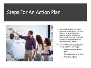 Steps For An Action Plan
• Having identified the needs
gaps and action areas, the next
stage is to determine the
specific actions needed to
close those gaps and to design
structured ways to carry out
the relevant activities.
• This will form your action plan.
There are three key steps:
• Select the most critical
gaps.
• Identify potential actions.
• Prioritise actions
 